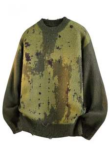 Men's Abstract Camo Sweater Wool Mohair Blend Fuzzy Knit Oversized <b>Pullover</b> <b>Jumper</b> Olive Green - Product Image 2