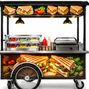 Chariot à sandwich mobile vintage en acier inoxydable à 4 roues et triple essieu, résistant à la rouille, pour usage extérieur - Product Image 3