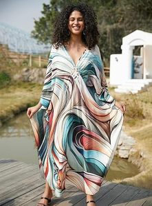 Vestido Abaya Maxi con Cuello en V, Corte Holgado, Sin Mangas, Estampado Bohemio, Dobladillo Acampanado, Poliéster, Ropa de Playa de Verano para Mujer - Product Image 5