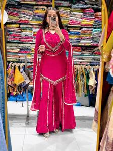 Conjunto de traje kurta palazzo recto rosa bordado para mujer con dupatta - Product Image 4