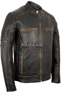 Blouson de moto vintage noir en cuir pour homme, avec épaulettes, style Cafe Racer, finition antique, poches zippées, vêtement rétro pour la conduite sur route - Product Image 4