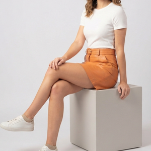 Women's Orange <b>Leather</b> A-Line <b>Mini</b> <b>Skirt</b> Casual Style Shiny Look Breathable Natural Waistline Customized Design Knitted Fabric - Product Image 6