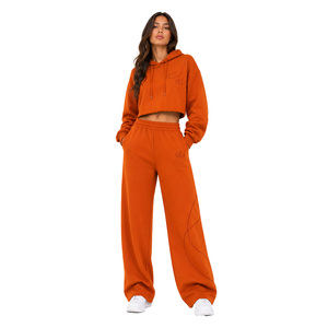Conjunto de Sudadera Corta con Capucha y Pantalones Anchos de Chándal para Mujer, Oversize, Manga Larga, Hombro Caído, con Logotipo Personalizado - Product Image 1