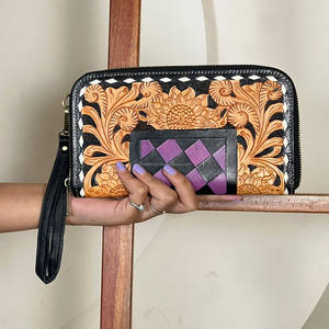 Wholesale Handcrafted Genuine Tooled Leather Sunflower Checkered Design Stylish Mini Purse Cash Card Holder Wallet Daily Use - Product Image 2