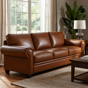 Sofá de Cuero Genuino de Estilo Moderno de Mediados de Siglo, 3 Plazas, con Brazos Enrollados y Adornos de Tachuelas, para Sala de Estar, en Oferta - Product Image 1