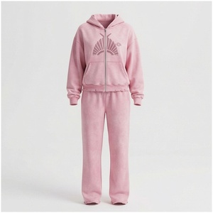 Women <b>Pink</b> Hooded Tracksuit Set 100% Cotton Midweight Fleece Full Zip <b>Sweatshirt</b> & Jogger Pants Casual Autumn Wear - Product Image 1