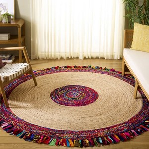 Alfombra Redonda de Yute Hecha a Mano con Flecos Coloridos, Estilo Bohemio para Sala de Estar, Decoración Mexicana de Pelo Corto - Product Image 3