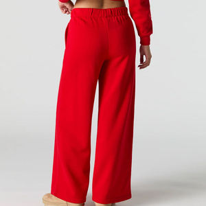 Pantalon en molleton rouge pour femme à prix abordable, coupe large, taille haute élastique, longueur intégrale, ample, décontracté, couleur unie, avec logo brodé, idéal pour l'automne - Product Image 6