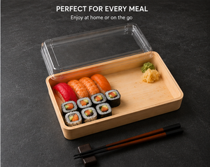 ถาดซูชิลายไม้แบบใช้แล้วทิ้งพร้อมฝา PET ใส เกรดสำหรับอาหาร สำหรับร้านอาหารแบบซื้อกลับบ้านและบรรจุภัณฑ์ปิกนิก - Product Image 6