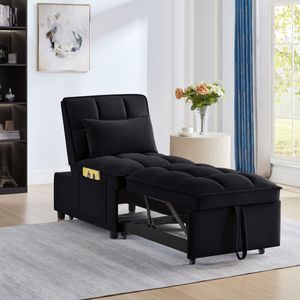 4-in-1 Multi-Function Convertible Black Chaise Lounge Tufted <b>Single</b> <b>Pull</b>-<b>Out</b> Sofa <b>Bed</b> with Adjustable Backrest & Storage Pockets - Product Image 1