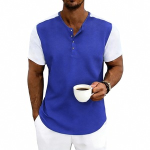 OEM Mens Color Block Henley <b>T</b> <b>Shirt</b> Waffle Knit Short Sleeve Loose Fit Plus Size Casual Summer Fashion European Style <b>T</b> <b>Shirt</b> - Product Image 3