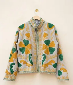 <b>Women</b> Ivory <b>Velvet</b> Floral Embroidered Suzani Jacket Full Sleeve Stand Collar Handmade Bohemian Style Autumn <b>Women's</b> <b>Coat</b> - Product Image 1