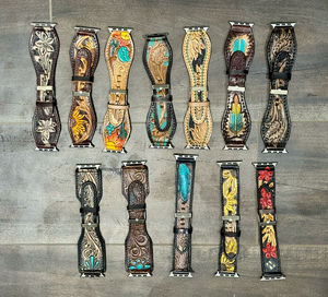 Correas de reloj pintadas con estampado floral occidental de diseño personalizado de cuero genuino hechas a mano, correas de reloj de repuesto bohemias occidentales - Product Image 5