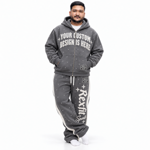 Ensemble survêtement unisexe grande taille à capuche avec fermeture éclair intégrale, sweat-shirt et pantalon streetwear avec impression personnalisée, vêtements d'hiver - Product Image 1