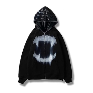 เสื้อฮู้ดประดับเพชรลายกราฟิกใยแมงมุมและเขี้ยวแวมไพร์ ซิปเต็มตัว ทรงโอเวอร์ไซส์ สตรีทแวร์แบบยูนิเซ็กซ์สั่งทำได้ - Product Image 5