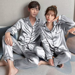 New Silk Satin Long Sleeve Sleepwear <b>Sets</b> Breathable and Solid Color Loungewear <b>for</b> Home Couple <b>Pajamas</b> <b>for</b> <b>Men</b> and Women - Product Image 4