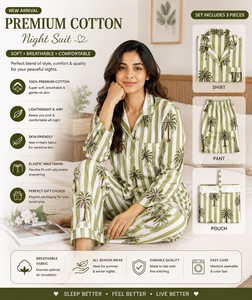 Ensemble de pyjama long en coton imprimé palmiers et rayures olive de qualité supérieure pour femme – Vêtement de nuit décontracté fait main, un chef-d'œuvre, idéal comme cadeau - Product Image 4