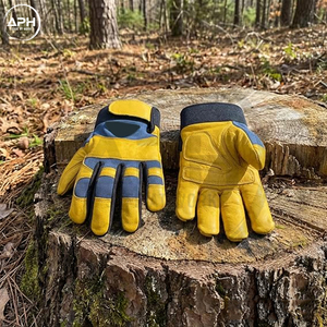 Gants de manipulation de tronçonneuse en cuir grainé jaune, avec panneaux articulés en tissu flexible bleu, équipement durable pour les opérations forestières, vente en gros - Product Image 5