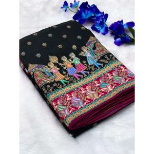 Sari Darbari en soie de viscose pure Elite Weaves, imprimé traditionnel indien en noir - Écharpe et châle imprimés - Product Image 1