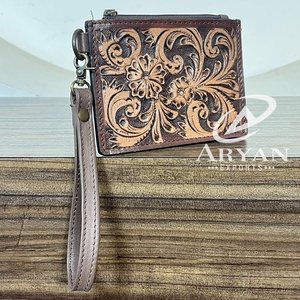 Artisan Western Floral Leather <b>Card</b> <b>Holder</b> Coin Purse Tooled Genuine Leather Wristlet <b>Wallet</b> Vintage Carved Zip Pouch <b>for</b> Unisex - Product Image 1