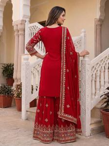 Factory Price OEM Premium <b>Red</b> Heavy Work Sharara Suit Traditional Indian Pakistani Ethnic Wear Readymade Kurti Sharara Set Whole - Product Image 4