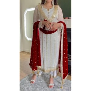 Conjunto de Top y Pantalón con Bordado de Lentejuelas en Satén de Moda con Dupatta, Formal, Impermeable, 100% Algodón Blanco - Product Image 1