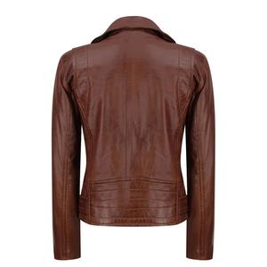 แจ็คเก็ตหนังแท้สีน้ำตาลสำหรับผู้หญิง แจ็คเก็ตมอเตอร์ไซค์แบบซิป ทรงปกติ แขนยาว เสื้อคลุมกันหนาว - Product Image 3