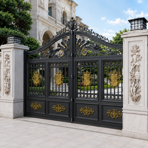 Puerta doble de hierro forjado negro de lujo con adornos dorados en forma de cresta, arcos decorativos y elegante diseño de entrada con pilares blancos. - Product Image 3