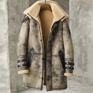 Veste en cuir véritable lavé pour homme avec doublure en fausse fourrure, col rabattable, long manteau coupe-vent d'hiver, style motard - Product Image 1