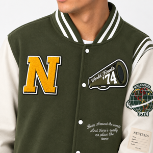 Chaqueta Varsity Unisex SINEWY SPORTS Color Oliva, Diseño con Parche de Letra N Bordada, Cuello Camisero, Corte Regular, Estilo Preppy, Invierno - Product Image 6