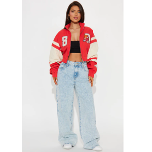 Red And <b>White</b> Varsity <b>Jacket</b> With Embroidered Logo Zipper Front Turn Down Collar Sporty Style <b>Short</b> Length Varsity <b>Jacket</b> - Product Image 2