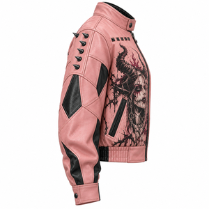 Chaqueta de Cuero Rosa para Mujer con Estampado Gráfico de Demonio con Cuernos, Tachuelas, Cuello Alto, Dobladillo Elástico, Estilo Bomber, Fabricante Personalizado - Product Image 3