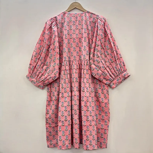 Vestido Casual Midi de Algodón Tejido Liso para Mujer con Mangas Abullonadas, Cintura Imperio, Estilo Babydoll, Cuello en V Oversize, Ajuste Holgado, Estilo Rajasthan - Product Image 3