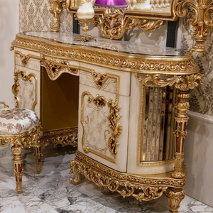 Luxury Royal Classic Dresser <b>Table</b> Rococo French Style Mahogany 4-Drawer Carved Gold Vanity <b>Table</b> <b>Mirror</b> Master Bedroom Use - Product Image 2