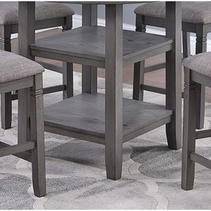 Set da Pranzo dal Design Unico 5 Pezzi: Tavolo Alto con Ripiano Portaoggetti e 4 Sedie Grigie con Seduta e Schienale Imbottiti - Product Image 5