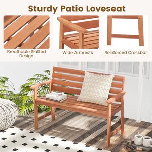 Solid Wood 2-<b>Seat</b> Patio <b>Bench</b> with Breathable Slatted <b>Seat</b> and Inclined Backrest Durable and Comfortable Chair - Product Image 6