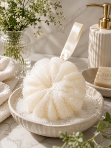 Éponge de bain blanche en forme de fleur, Loofah exfoliant doux moussant pour la douche, tampon nettoyant avec ruban de suspension pour le bain (PE) - Product Image 2