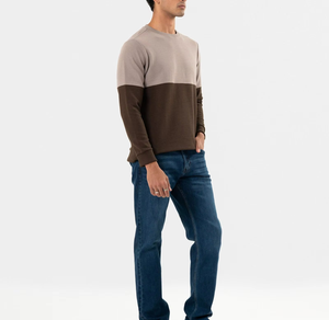เสื้อสเวตเตอร์คอกลมถักสำหรับผู้ชาย ทรงปกติ สีสันตัดกัน สไตล์ลำลองสำหรับฤดูใบไม้ร่วง สีน้ำตาลและสีเบจ - Product Image 5