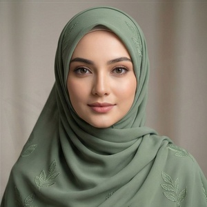 Women Green Embroidered Leaf Pattern Hijab <b>Chiffon</b> Fabric Skin-Friendly Daily Wear Ethnic <b>Scarf</b> Shawl - Product Image 3