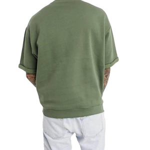 เสื้อยืดแขนสั้นผู้ชายสีเขียวมะกอกทรงโอเวอร์ไซส์ สีพื้น ผ้าคอตตอนเจอร์ซีย์ถัก สวมใส่สบาย - Product Image 2