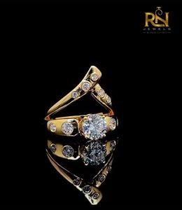 3 Piece Chevron Bridal <b>Stack</b> <b>Ring</b> 2 CT DEF Color Brilliant Cut Lab Grown Diamond Set Solid Gold Curved Nesting Band Unisex - Product Image 3