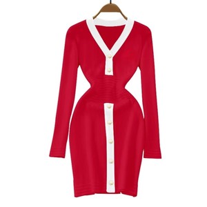 Customized High Quality Women's V-Neck Button All Seasons Casual Sorority Sweater Dress New Youth College Knee-Length Knitted - Product Image 5