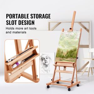 Cavalletto a H da Studio in Faggio per Artisti, Cavalletto da Pittura fino a 48 Pollici con Ampio Vassoio Portaoggetti e Ruote da 33L - Product Image 3