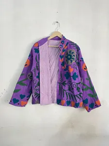 Giacca Suzani Artigianale Viola in Cotone Ricamato con Motivo Floreale Boho a Cuore, Design Etnico, Collo Alto, per <span class=keywords><strong>Donna</strong></span>, Ideale per Festival - Product Image 4