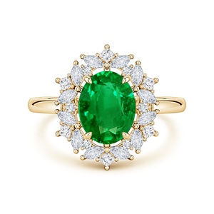 แหวนทองคำแท้ 14K สำหรับผู้หญิง ดีไซน์คลาสสิกทรงวงรี ประดับมรกตสีเขียว พร้อมเพชรรูปทรงต่างๆ ประดับรอบเพชรทรงกลมเจียระไนแบบบริลเลียนท์ เหมาะสำหรับเป็นแหวนหมั้น - Product Image 2