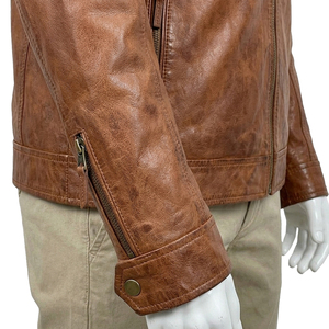 Veste moto en cuir véritable marron pour homme, col montant, fermeture éclair, coupe classique, style automne - Product Image 3