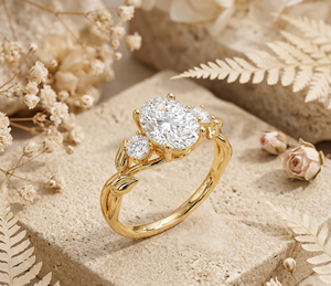 แหวนหมั้นเพชรโมอิสซาไนต์ทองคำ 14K หรูหราแบบขายส่ง ดีไซน์ใบไม้รูปวงรีสามเม็ด งานออกแบบเครื่องประดับสั่งทำพิเศษ รับผลิตแบบ OEM ODM - Product Image 6