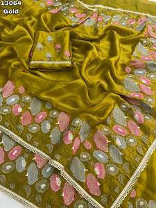 Sari de Seda Suave con Bordado Multihilo, Diseño Pichwai de Flor de Loto, Borde Festoneado, para Fiestas, Estilo Bollywood - Product Image 2