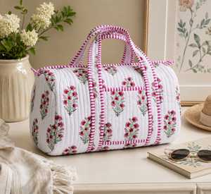 Sac fourre-tout en coton matelassé à fleurs avec fermeture éclair, design pliable pour un usage quotidien et en voyage - Product Image 4