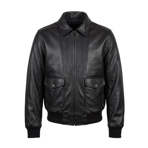 Vintage Men's Black Genuine Leather Bomber Jacket Classic Style with Ribbed Cuffs Men's Jackets - Product Image 4